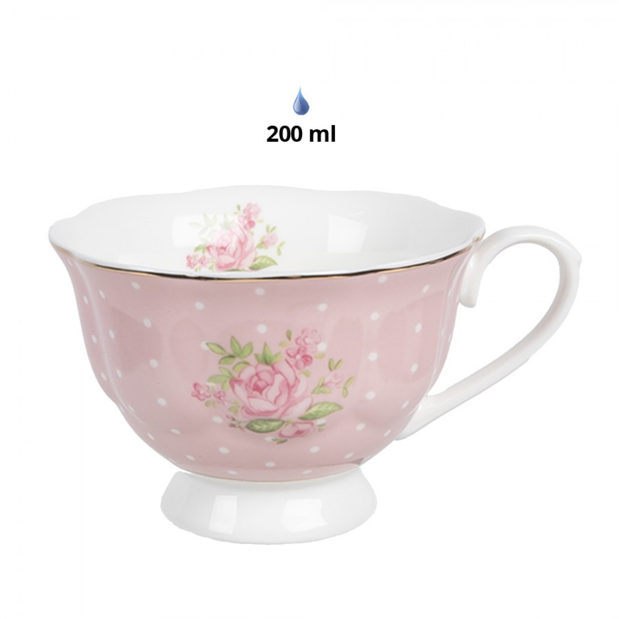 Tazza da the con piattino in porcellana rosa c/fiorellini - 200 ml - 12x6 cm - Clayre e Eef